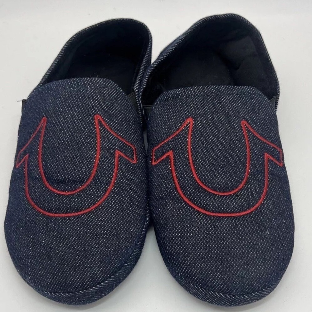 TRUE RELIGION Slippers Mens Size 9 - 10 Blue Denim Red Logo Slip On Hard Bottom